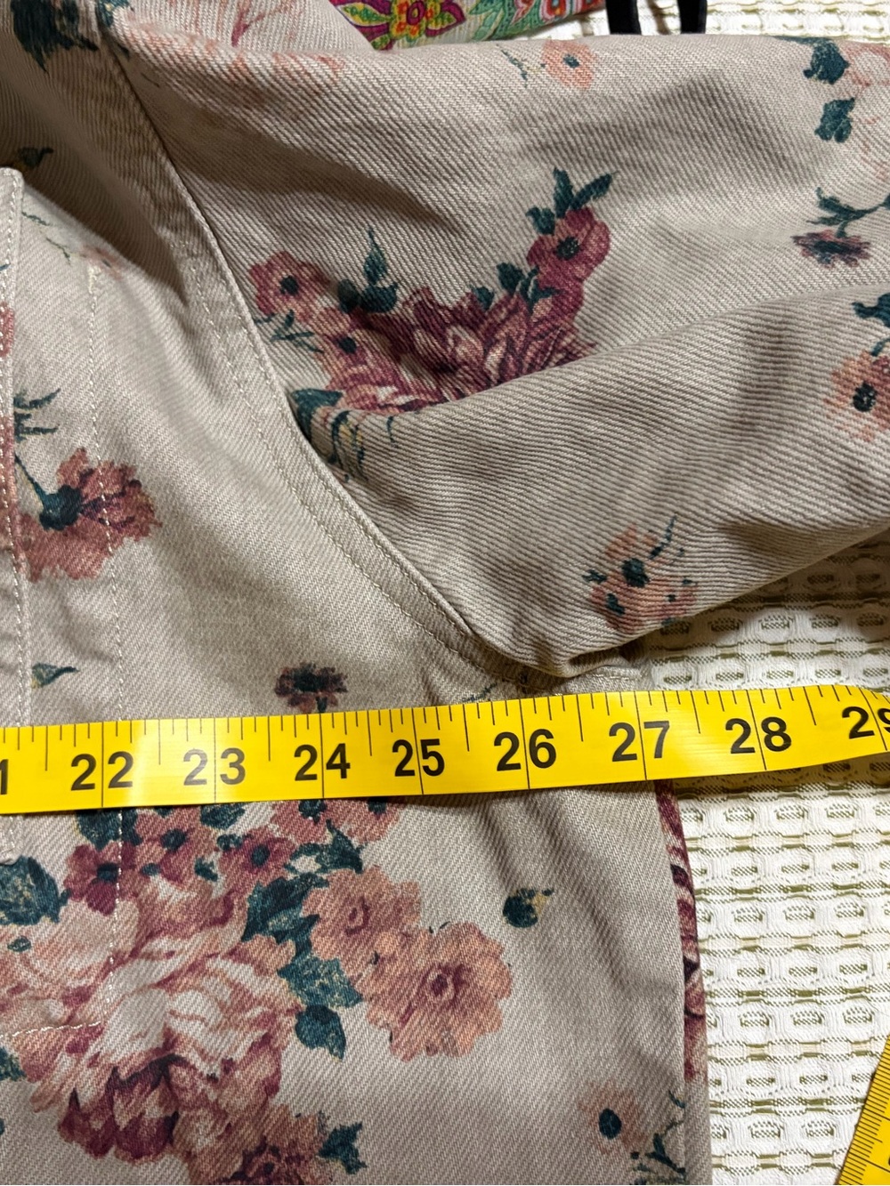 Floral Beige Jean Jacket with Pink Blossoms. 
Slightly oversized. Great for fall - Picture 10 of 11